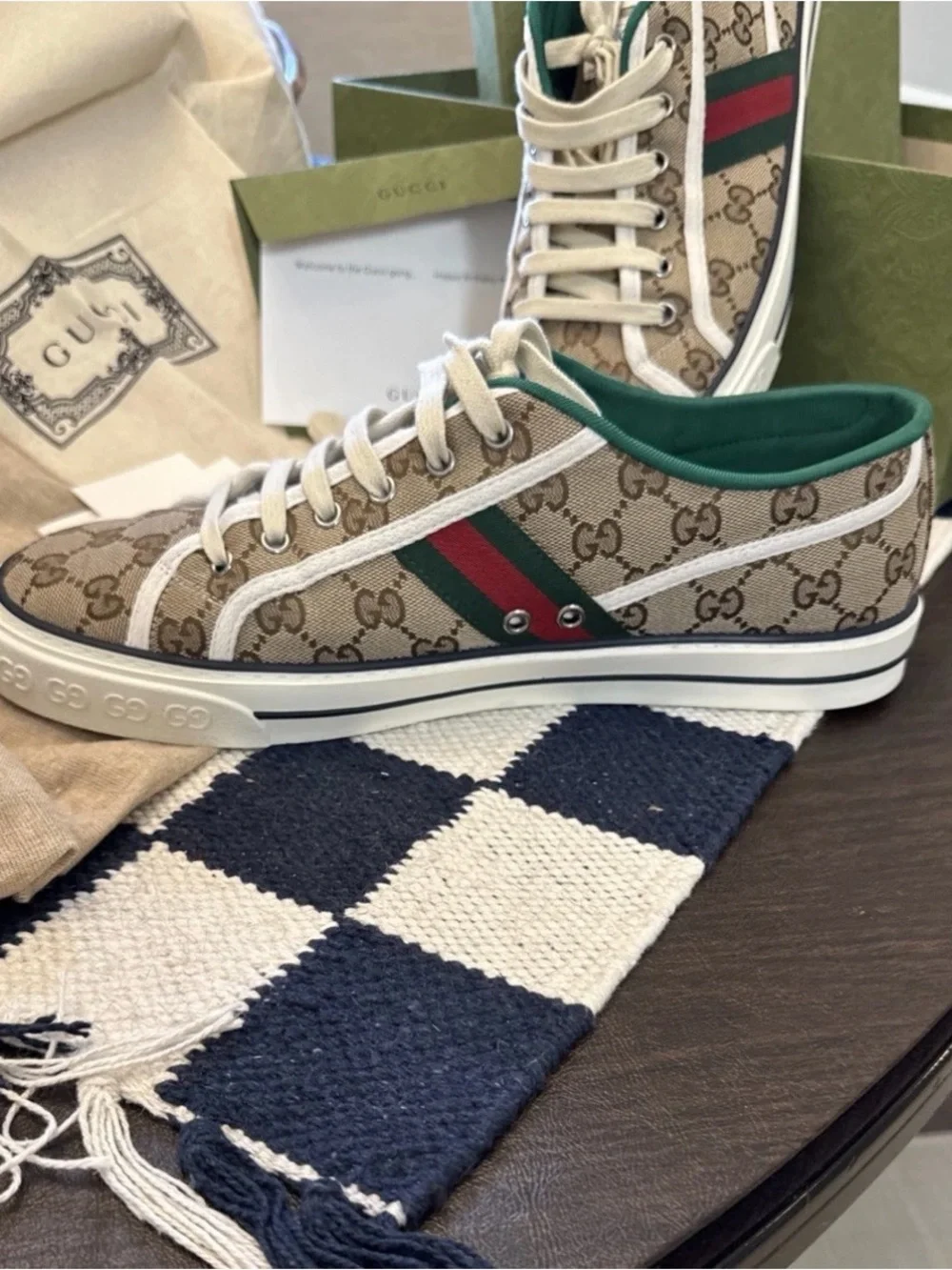 Gucci Beige GG Canvas Low-Top Sneakers with Green-Red Web Stripe